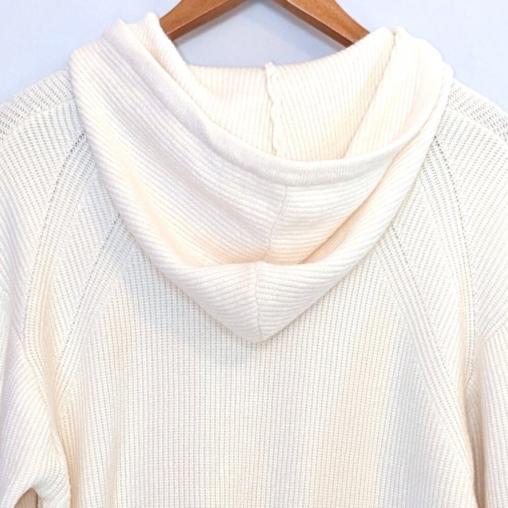 CALIA | Cashmere Blend Ribbed Knit Hooded Sweater Pullover in Cream | Small - Picture 10 of 14